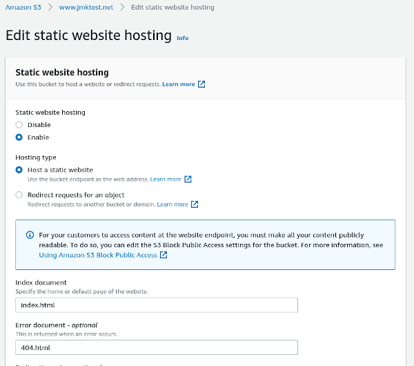 enable static website hosting